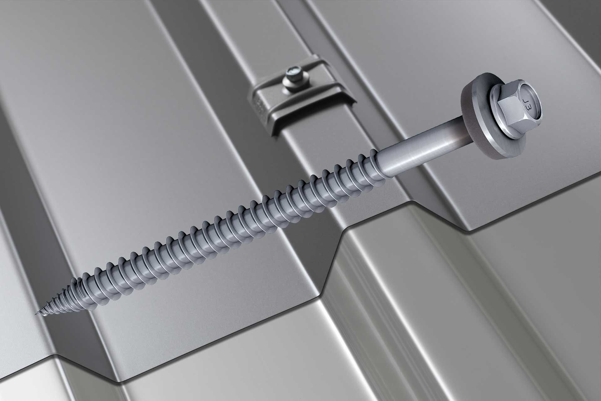 Metallpaneele, die durch zwei markante, bronzefarbene Bolzen verbunden sind. Im Hintergrund ist eine gelbe Linie sichtbar.