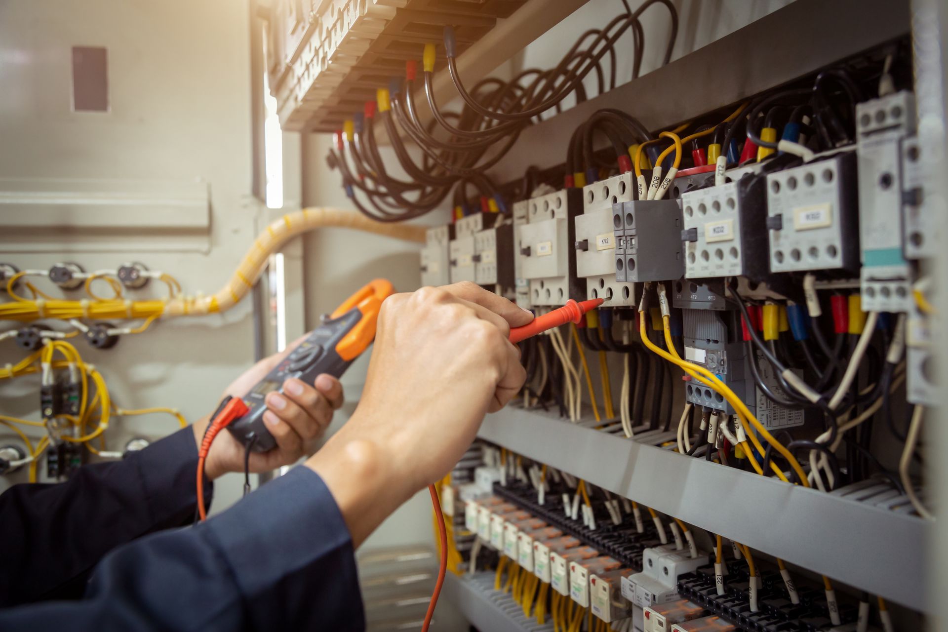 Technicien mesurant la tension sur un tableau électrique à l’aide d’un multimètre.