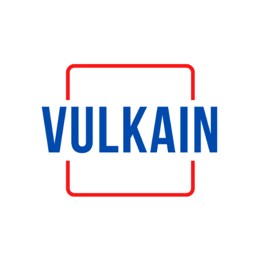 Vulkain en bleu, &agrave; l'int&eacute;rieur d'un carr&eacute; bord&eacute; de rouge.