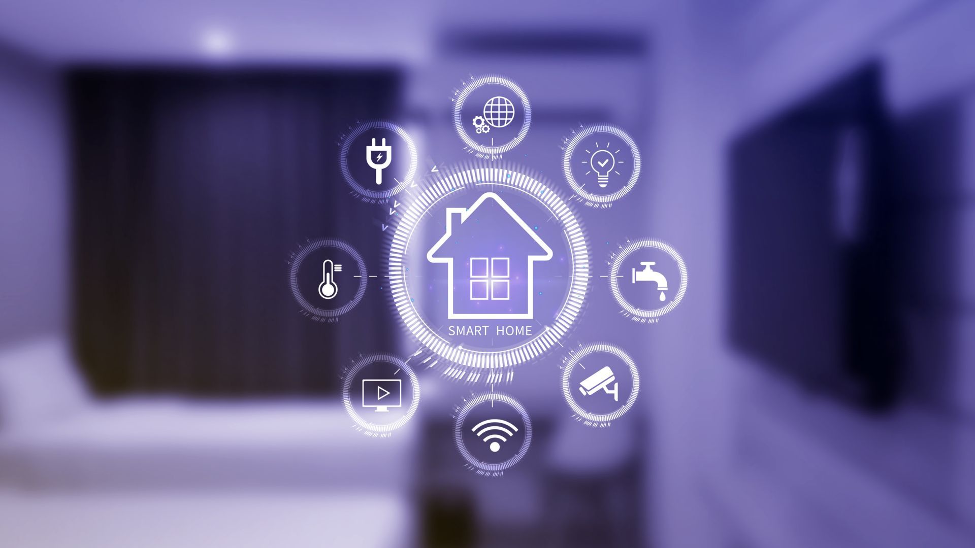 Icône digitale maison entourée de symboles wifi, caméra, prise