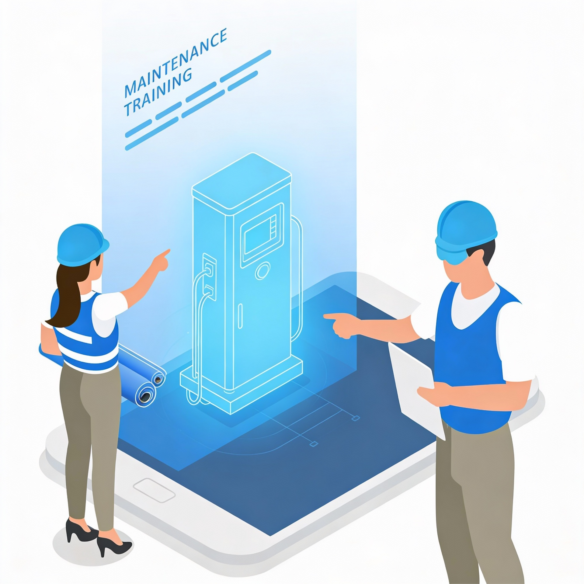 Dessin d'un homme et une femme en train de montrer une borne de recharge