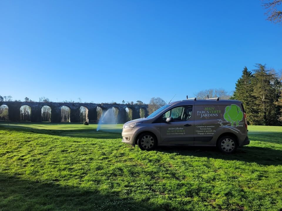 Un arboriste utilise une tronçonneuse pour couper une branche d'arbre, portant un équipement de sécurité, au milieu d'autres arbres par temps couvert.
