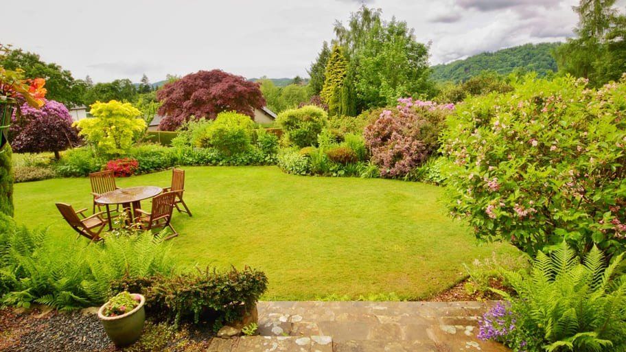 Un jardin luxuriant et ensoleillé avec une table et des chaises sur la pelouse, entouré de plantes et d'arbres fleuris et colorés.