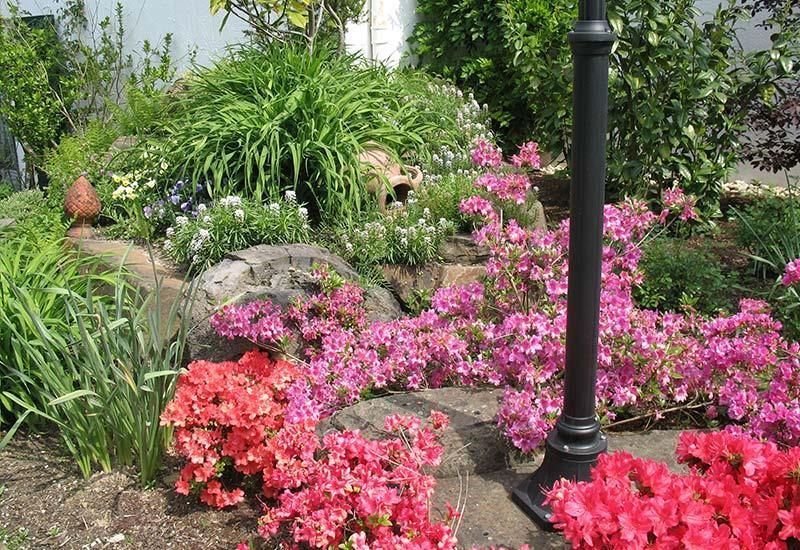 Ein Garten mit rosa und roten Blumen und einem schwarzen Pfosten