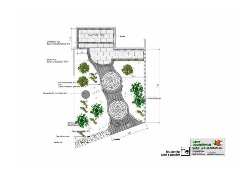 Eine Schwarzweißzeichnung eines Gartens mit Bäumen und Felsen.