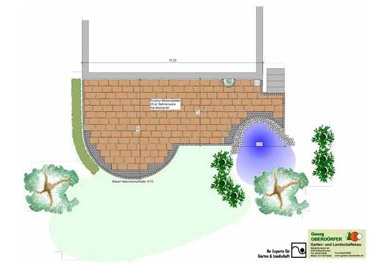 Eine Luftaufnahme einer gemauerten Terrasse mit einem Teich in der Mitte