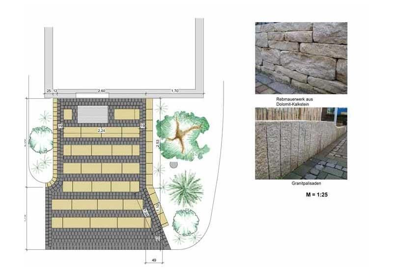 Eine Zeichnung eines Gehweges und ein Bild einer Steinmauer.