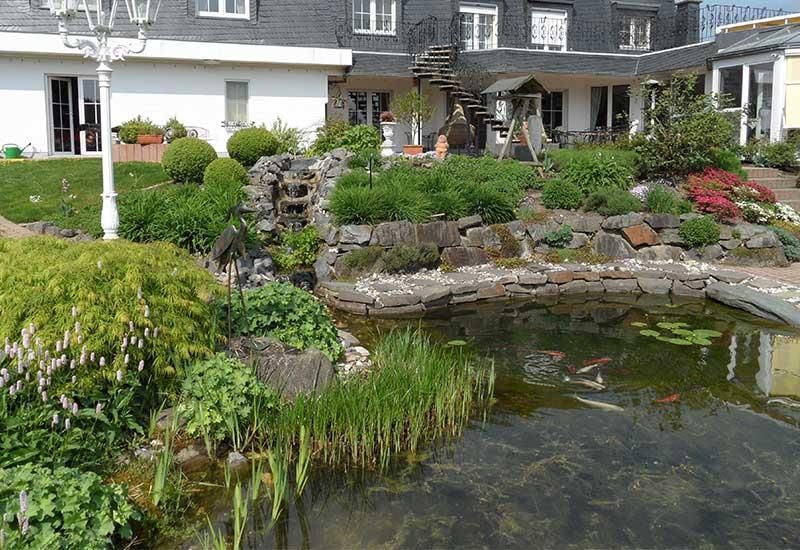 Ein Teich in einem Garten vor einem Haus