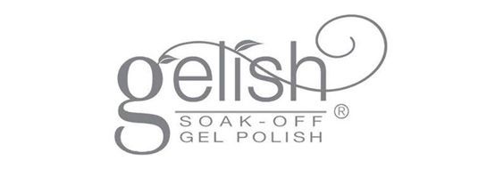 Un logotipo para esmalte en gel soak off gelish sobre un fondo blanco.