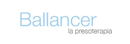 Un logotipo azul de Ballancer La Presoterapia sobre un fondo blanco