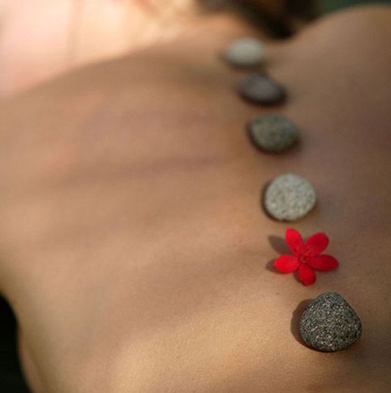 Una persona está recibiendo un masaje con piedras y flores en la espalda.