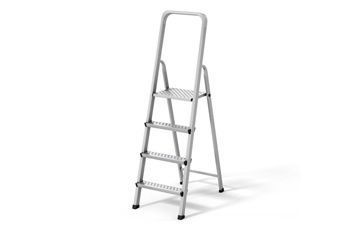 Una escalera blanca con cuatro escalones y un mango sobre un fondo blanco.
