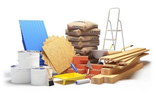Hay muchos tipos diferentes de materiales de construcción sobre un fondo blanco.