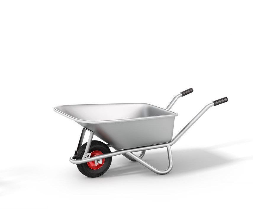 Una carretilla con una rueda roja sobre un fondo blanco.