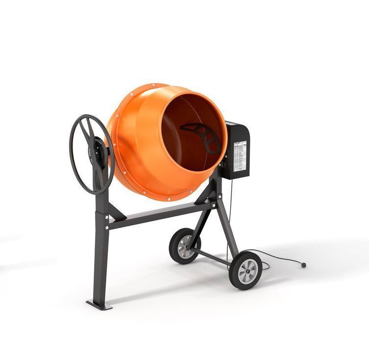 Un modelo 3D de una hormigonera sobre un fondo blanco.