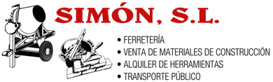 Logotipo de SIM&Oacute;N, SL con lista de maquinaria de construcci&oacute;n y servicios en rojo y negro sobre fondo blanco.