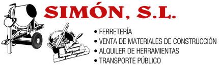 Logotipo de SIM&Oacute;N, SL con lista de maquinaria de construcci&oacute;n y servicios en rojo y negro sobre fondo blanco.