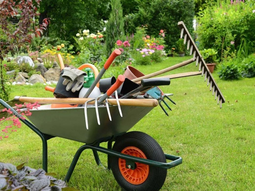 Herramientas de jardinería en una carretilla sobre un césped verde exuberante con flores al fondo.
