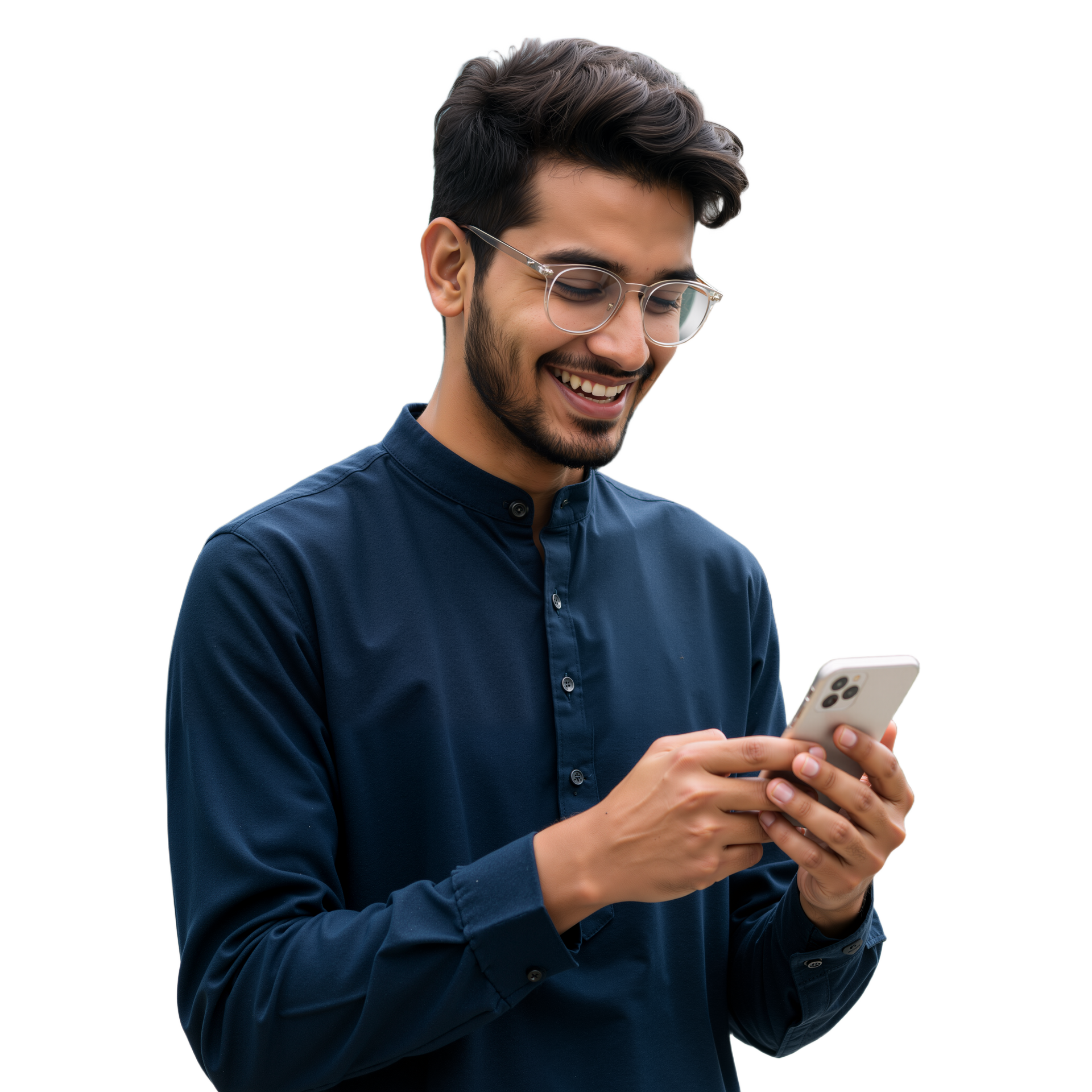 Un homme en chemise bleu marine et lunettes sourit en regardant son téléphone.