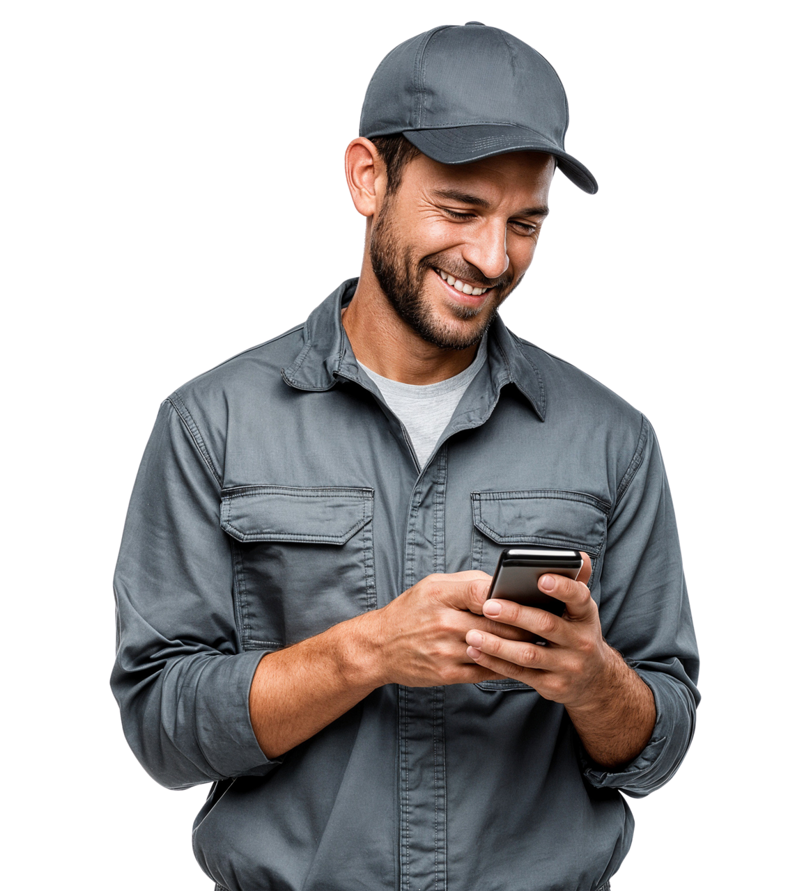 Un homme en uniforme de travail gris et casquette sourit en regardant un smartphone.
