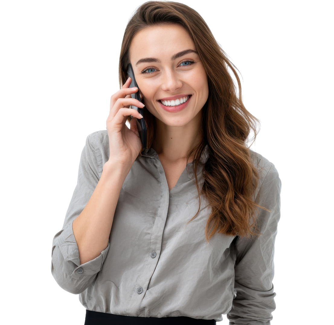 Une femme sourit en parlant au téléphone ; elle porte une chemise grise à boutons.