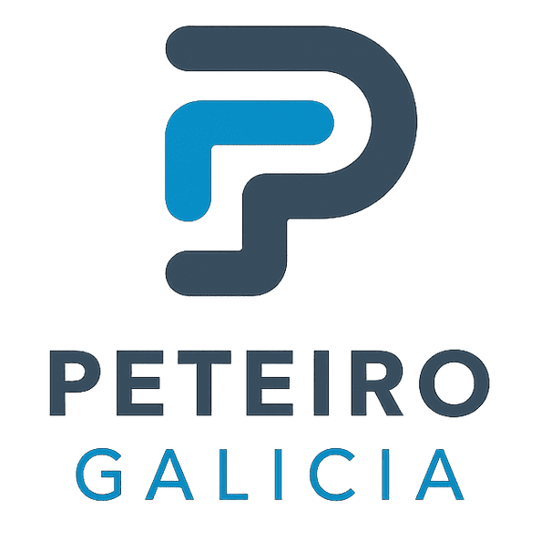 Logotipo de Peteiro Galicia: "P" estilizada con elementos azules y azul oscuro, debajo el texto "PETEIRO GALICIA".