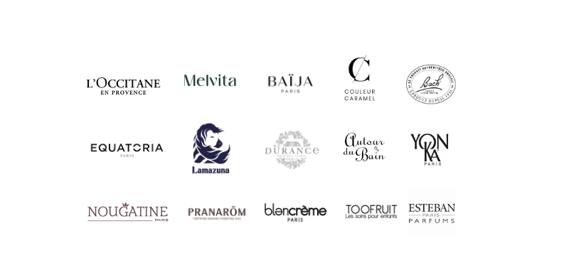 Logos de marques de beauté et de soins de la peau : L'Occitane, Melvita, Baija Paris, etc.