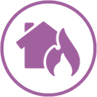 Icono morado de una casa con fuego, dentro de un círculo.