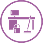 Icono de limpieza morado: escritorio, monitor, balde, trapeador dentro de un círculo.