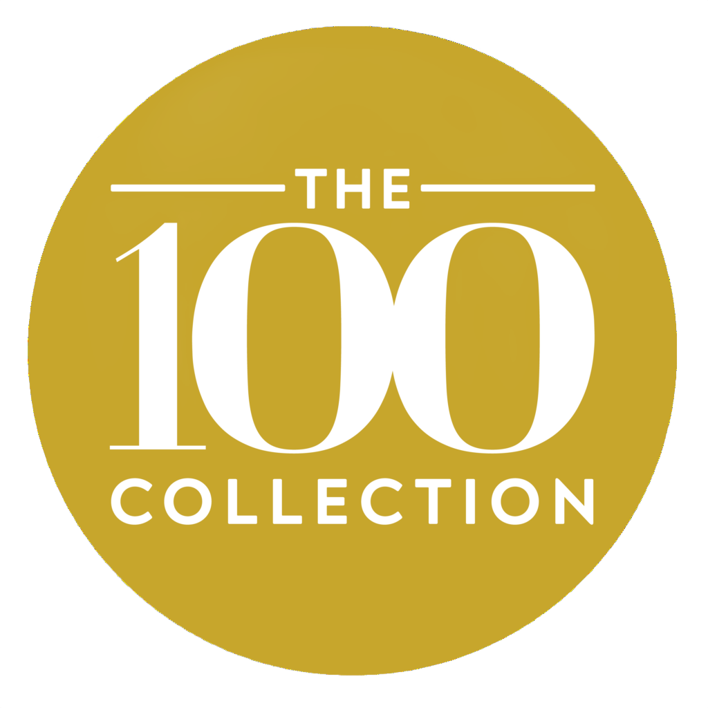 The logo for the 100 collection is a gold circle with white letters.