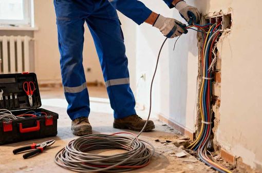 Ein Elektriker arbeitet mit Werkzeug und aufgerollten Kabeln an der freiliegenden Wandverkabelung in einem Raum, der renoviert wird.