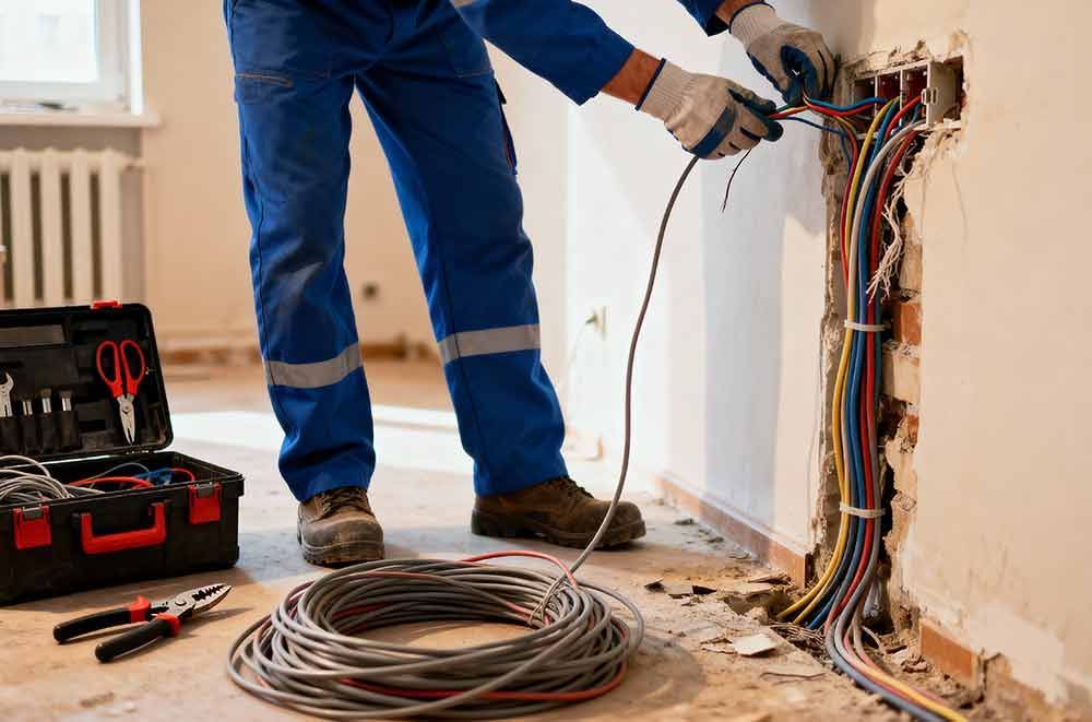 Elektriker arbeitet an freiliegenden Wandleitungen; Werkzeuge und aufgerollte Kabel liegen auf dem Boden.