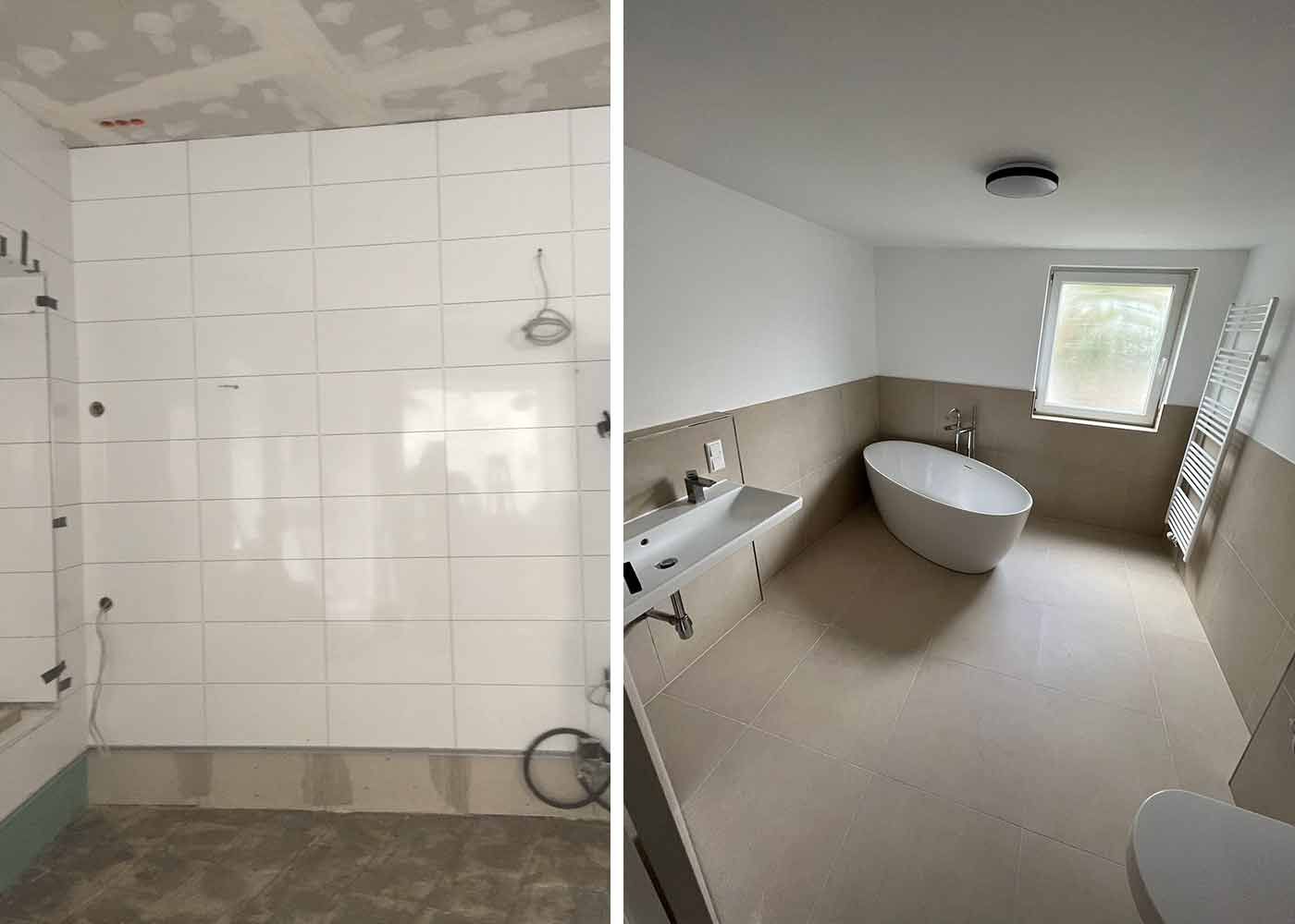 Zwei Badezimmeransichten: eine geflieste Duschwand und ein heller Raum mit freistehender Badewanne und Waschbecken.
