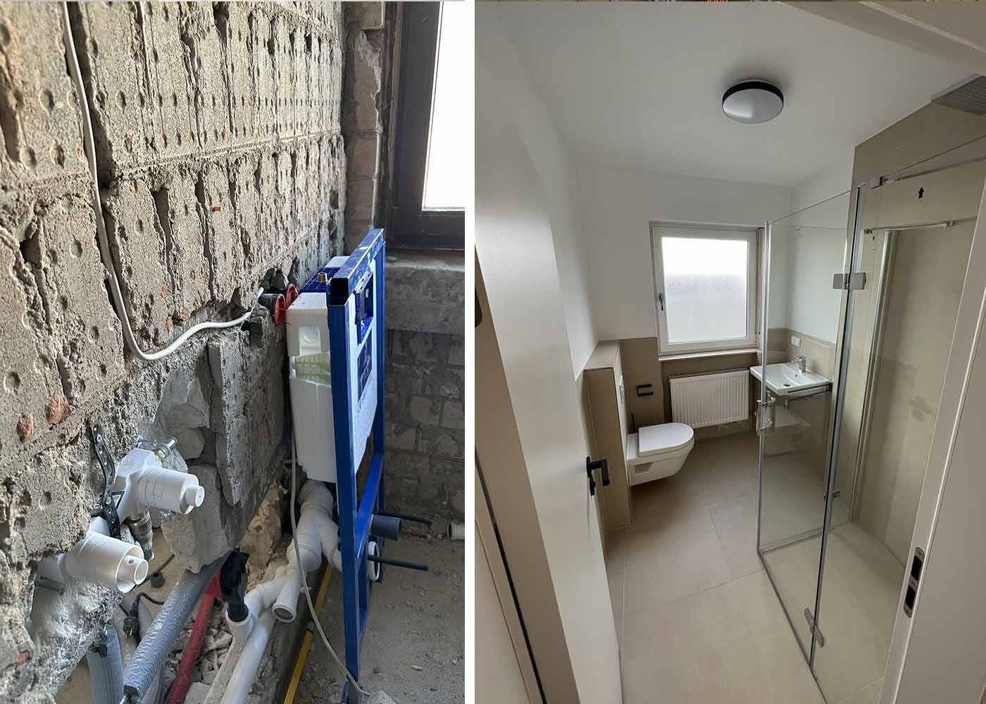 Kleines Badezimmer mit Toilette, Waschbecken, Dusche und Fenster; links sind die freiliegenden Rohrleitungen sichtbar.