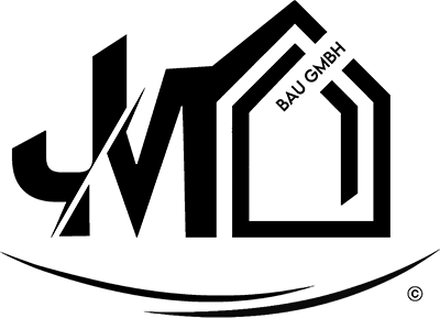Schwarz-wei&szlig;es Logo mit stilisiertem &bdquo;JM&ldquo; und Hausumriss mit der Aufschrift &bdquo;BAU GMBH&ldquo;