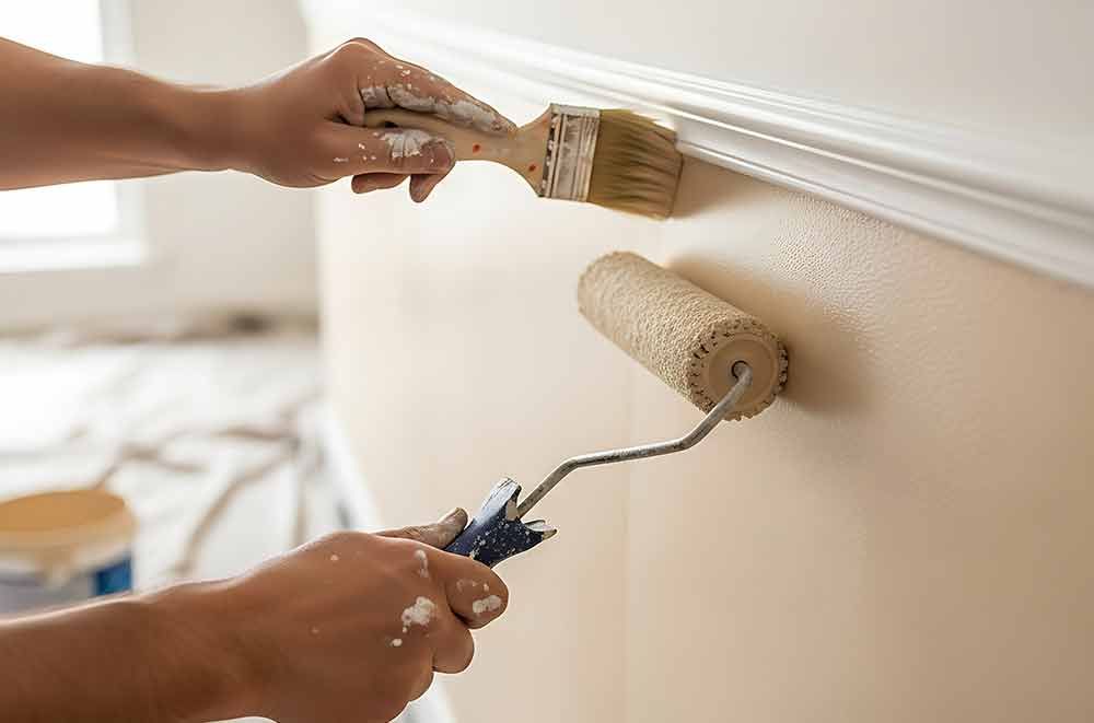 Hände streichen mit Pinsel und Rolle eine beige Wand in der Nähe weißer Zierleisten.