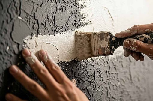Hände streichen mit einem breiten Pinsel eine strukturierte Wand mit grauem Putz.