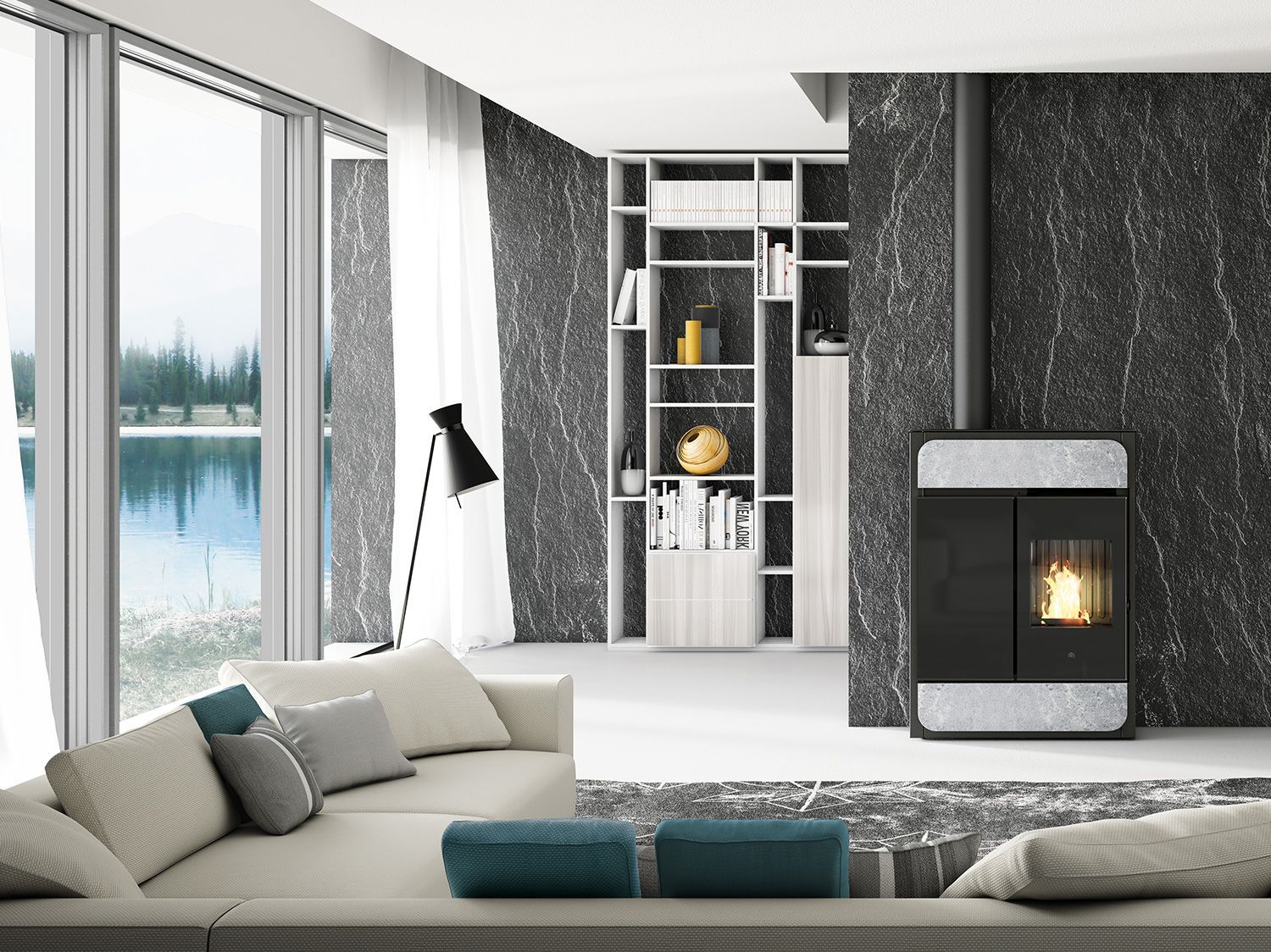 Un poêle noir est posé dans un salon à côté d'une étagère.