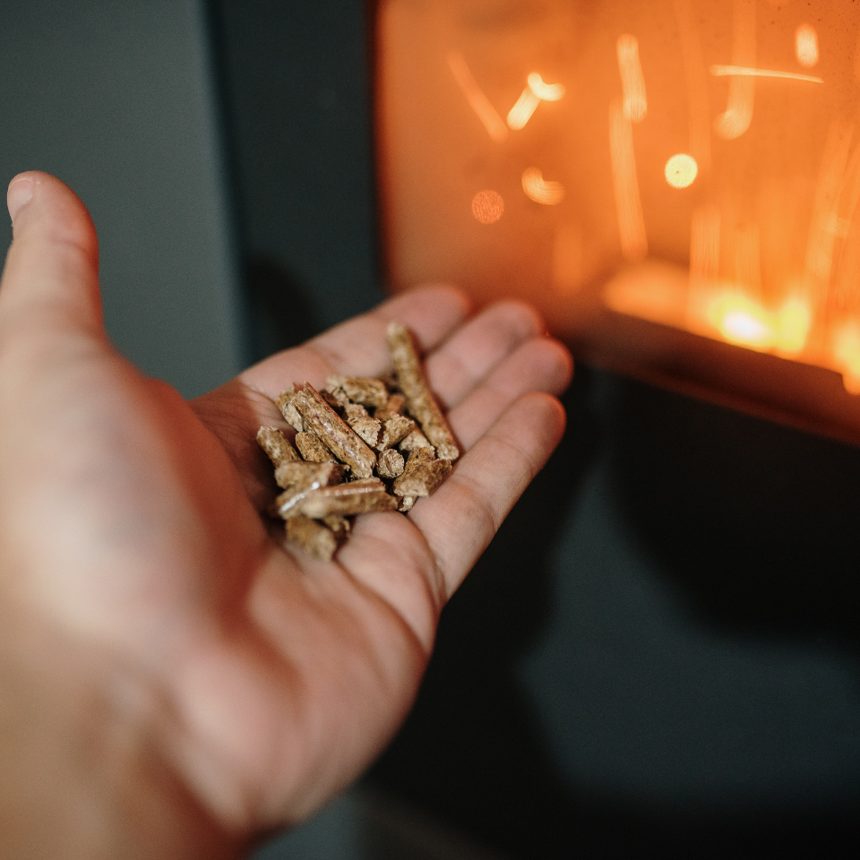 Une personne tient une poignée de granulés de bois devant une cheminée.