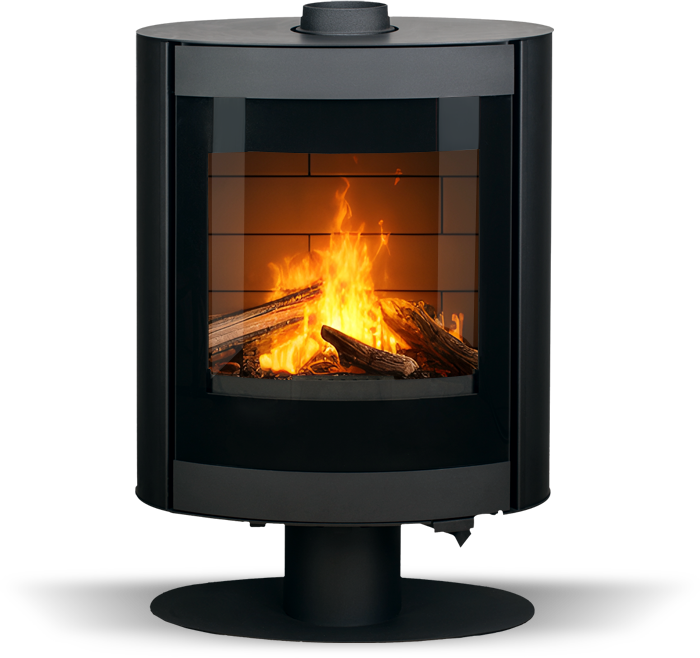 Une cheminée noire avec un feu dedans