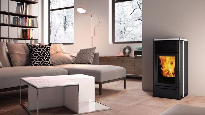 Un salon avec un canapé, une table basse et une cuisinière.