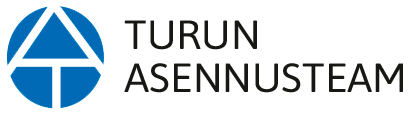 Turun Asennusteam logo, jossa sininen pyöreä tunnus ja musta teksti valkoisella taustalla