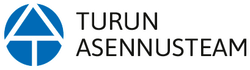 Turun Asennusteam logo, jossa sininen pyöreä tunnus ja musta teksti valkoisella taustalla