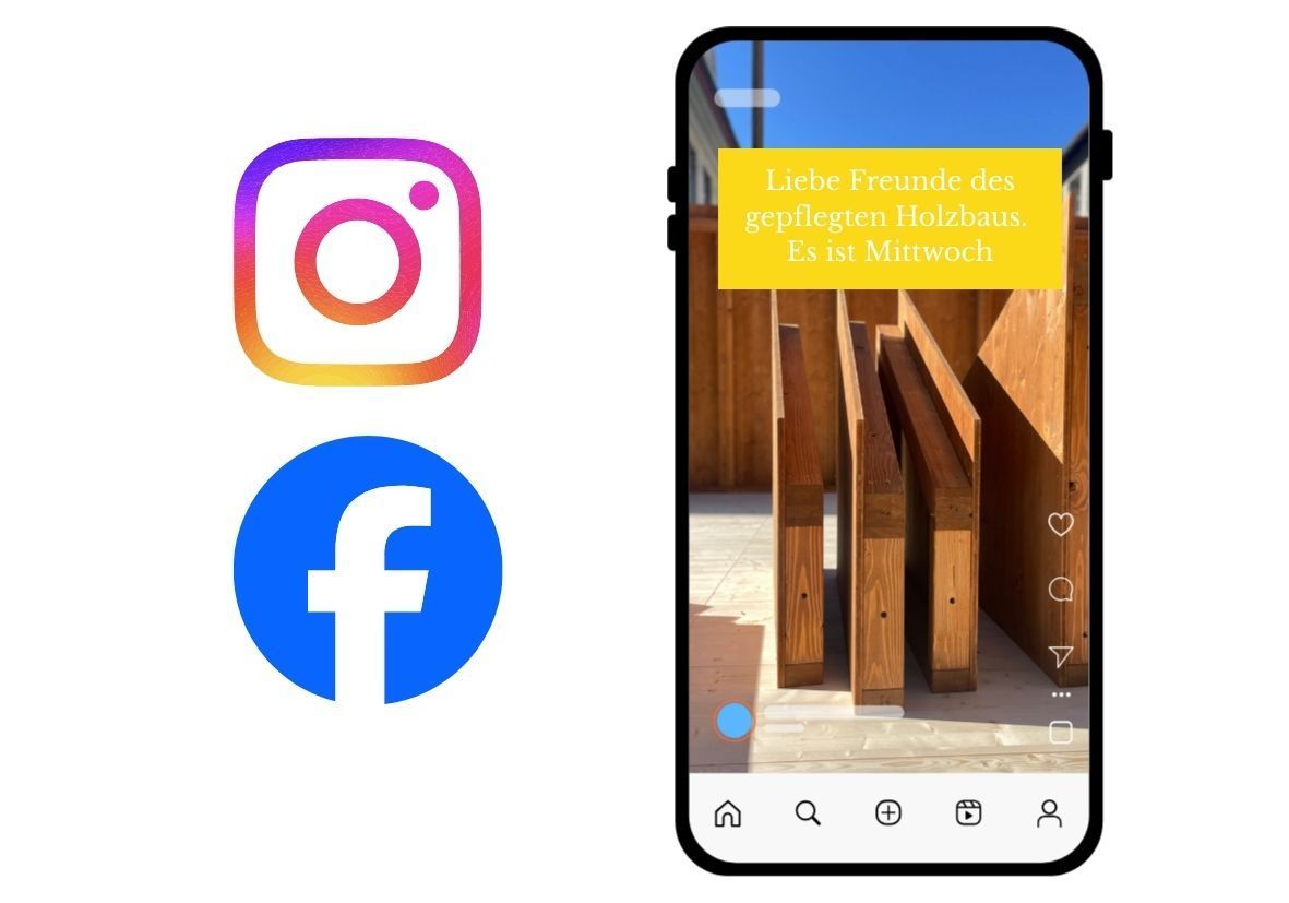 Instagram- und Facebook-Logos neben einem Handy, das einen Social-Media-Feed mit einem Beitrag über eine Holzskulptur zeigt.