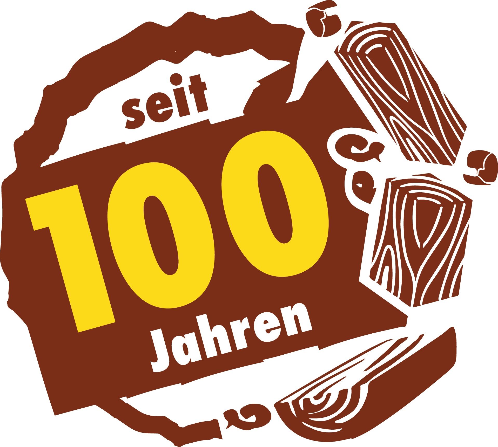 Braune und gelbe Jubiläumsplakette mit der Aufschrift „seit 100 Jahre“ und Akzenten in Holzoptik