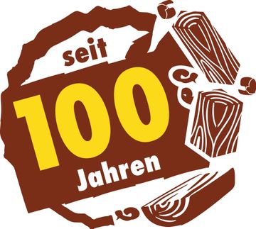 Braunes Jubiläumslogo mit gelber „100“ und dem Text „seit 100 Jahren“ in Weiß und Braun