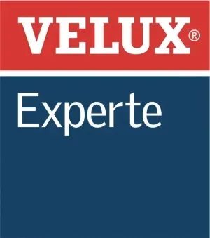 VELUX-Logo in Weiß auf Rot über dem Schriftzug „Experte“ in Weiß auf dunkelblauem Hintergrund