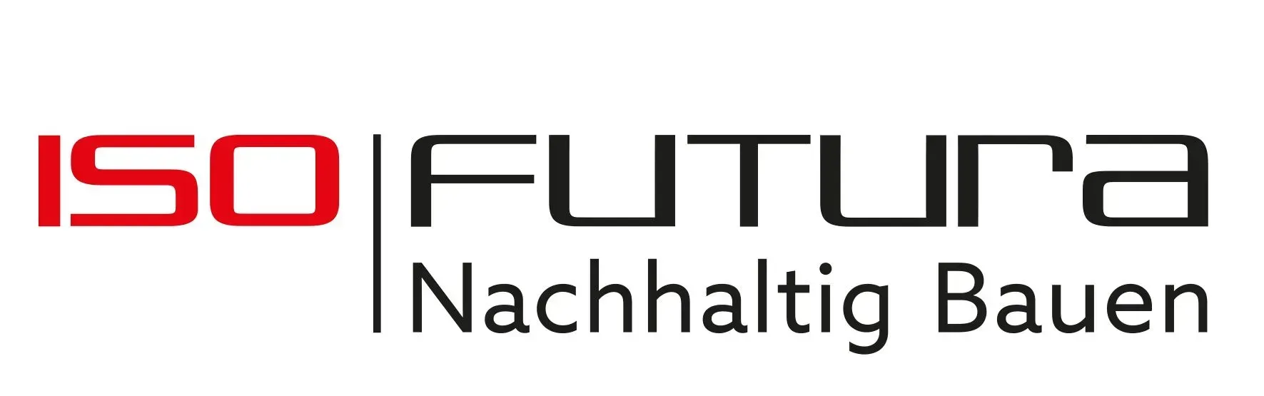 ISO Futura-Logo mit dem Schriftzug „Nachhaltig Bauen“ in Rot und Schwarz auf weißem Hintergrund