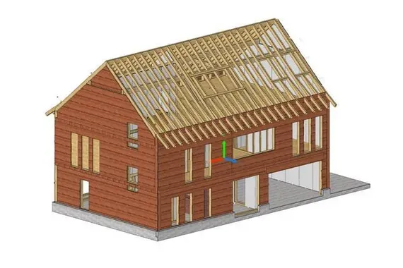 3D-Modell eines zweistöckigen Holzhauses mit teilweise vorgefertigtem Dachstuhl und Fundamentplatte