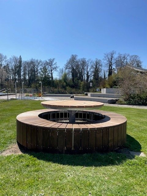 Runde Feuerstelle aus Holz in einem grasbewachsenen Park unter klarem, blauem Himmel